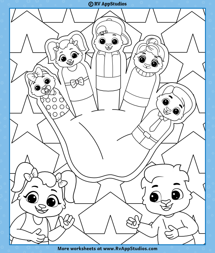 Finger Family Coloring Sheet for Children. Free Printable to Download and Color.