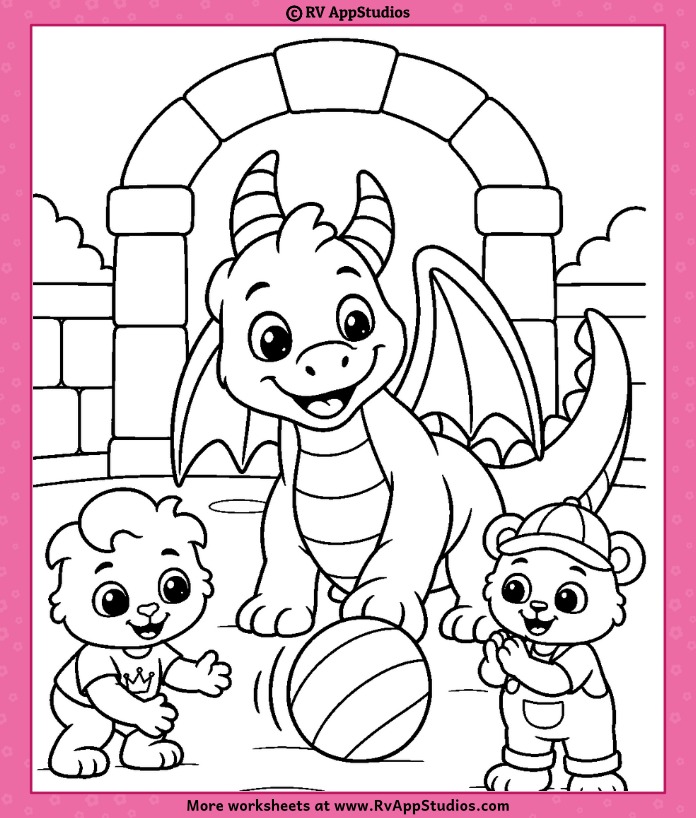 Lucas & Brody Playing with Dragon Coloring Page showing the friends enjoying a playful adventure with a friendly dragon.