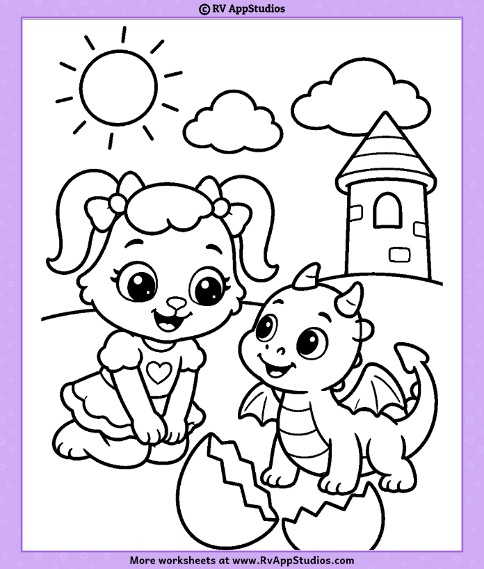 Ruby With Newborn Dragon Baby Coloring Page showing Ruby beside an adorable newly born baby dragon.