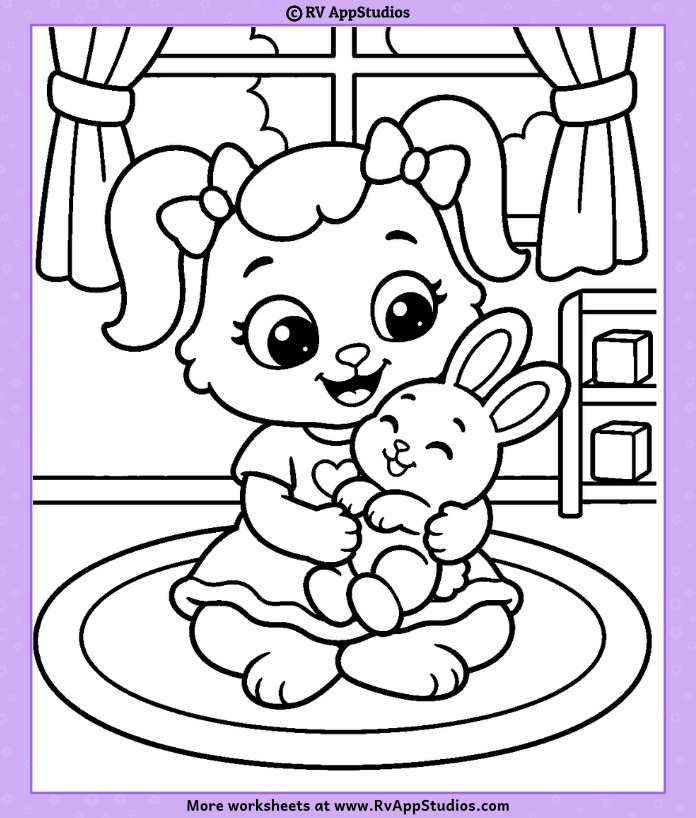 Ruby playing with a cute baby rabbit on a fun Baby Animals Coloring Page for kids to print and color.