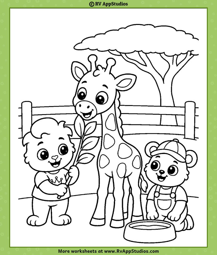 Lucas and Brody feeding a baby giraffe on a cute Baby Animals Coloring Page for kids to print and color.