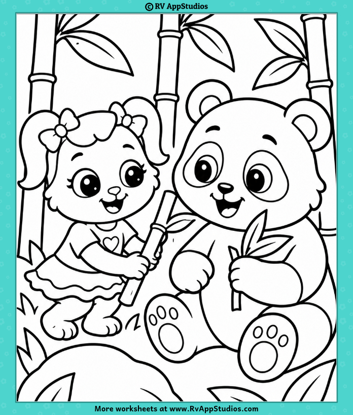 Ruby sharing bamboo with a friendly panda on a Wild Animals Coloring Page for kids to print and color.