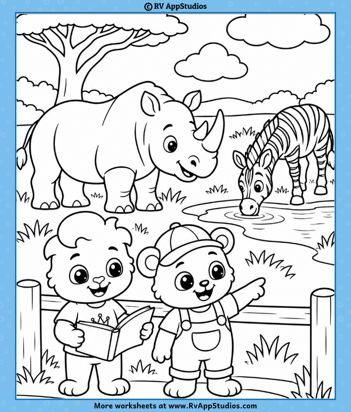 Lucas and Brody watch a rhinoceros and zebra near a pond on a Wild Animals Coloring Page for kids.