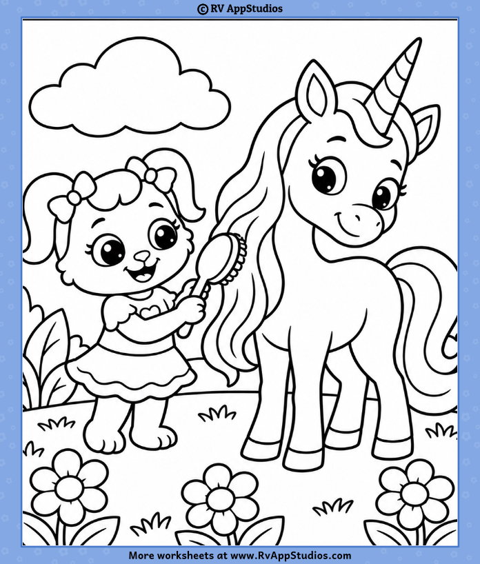 Ruby brushing a unicorn's long flowing mane in a flower-filled meadow on a Unicorn Coloring Page for kids.