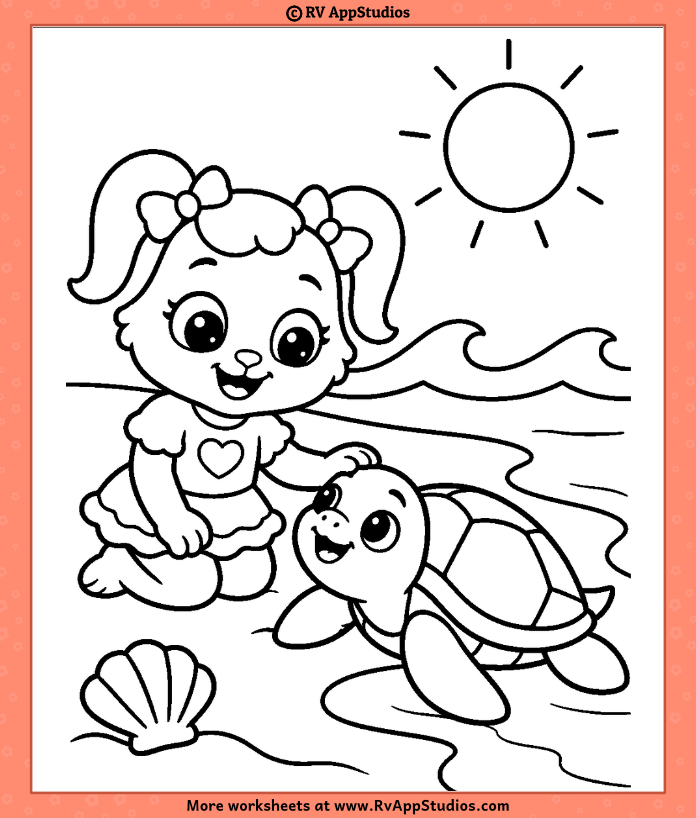 Ruby kneeling beside a smiling sea turtle with ocean waves, sunshine, and a seashell on an Ocean Animals Coloring Page.