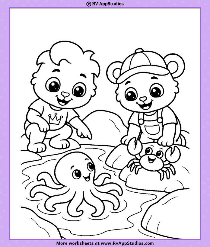 Lucas and Brody explore a rocky tide pool with a smiling octopus and little crab on an Ocean Animals Coloring Page.