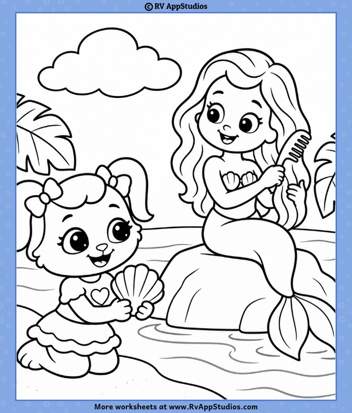 Mermaid Coloring Page featuring Ruby holding a seashell beside a mermaid with long wavy hair sitting on a rock