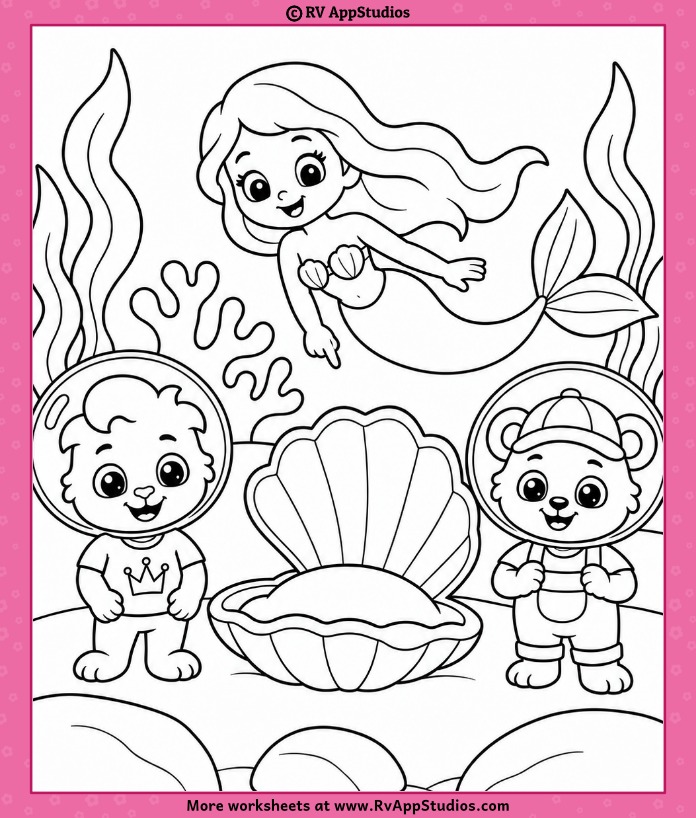 Mermaid Coloring Page showing Lucas and Brody swimming underwater with young mermaids in a playful ocean scene