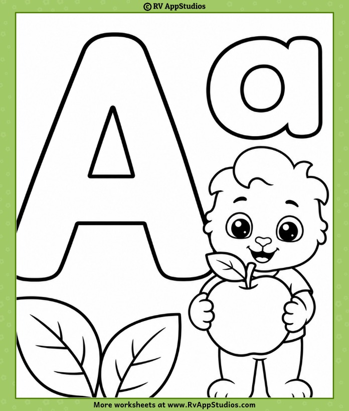 Alphabet Coloring Page featuring uppercase A, lowercase a, and Lucas holding an apple for kids to color and learn