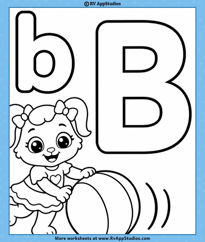 Alphabet Coloring Page featuring uppercase B, lowercase b, and Ruby rolling a ball in a simple kids learning scene