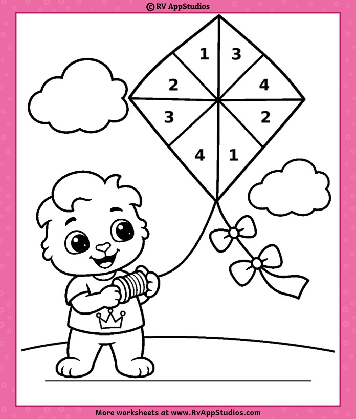 Color by Number Coloring Page featuring Lucas flying a kite with numbers inside each triangle for kids to color