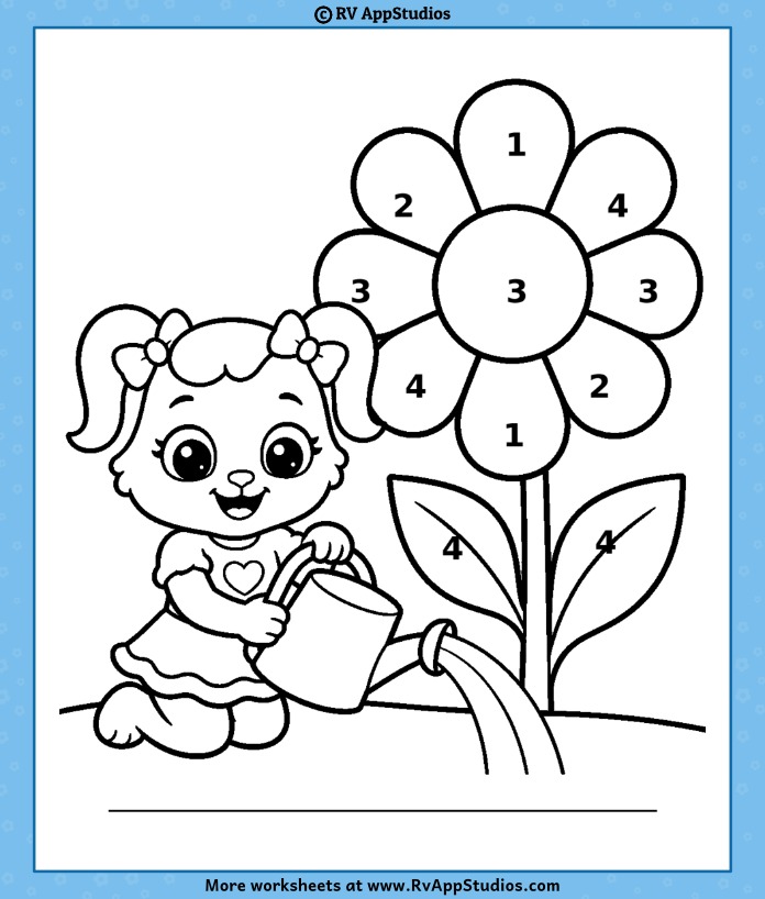 Color by Number Coloring Page showing Ruby watering a numbered flower with a color key for petals and leaves