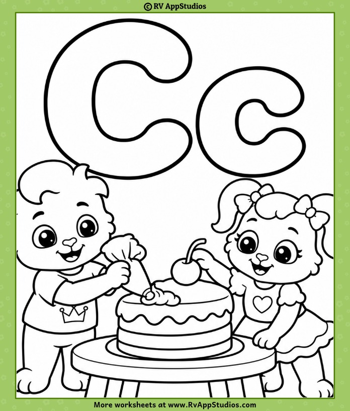 Alphabet Coloring Page featuring uppercase C, lowercase c, and Lucas and Ruby decorating a cake for kids