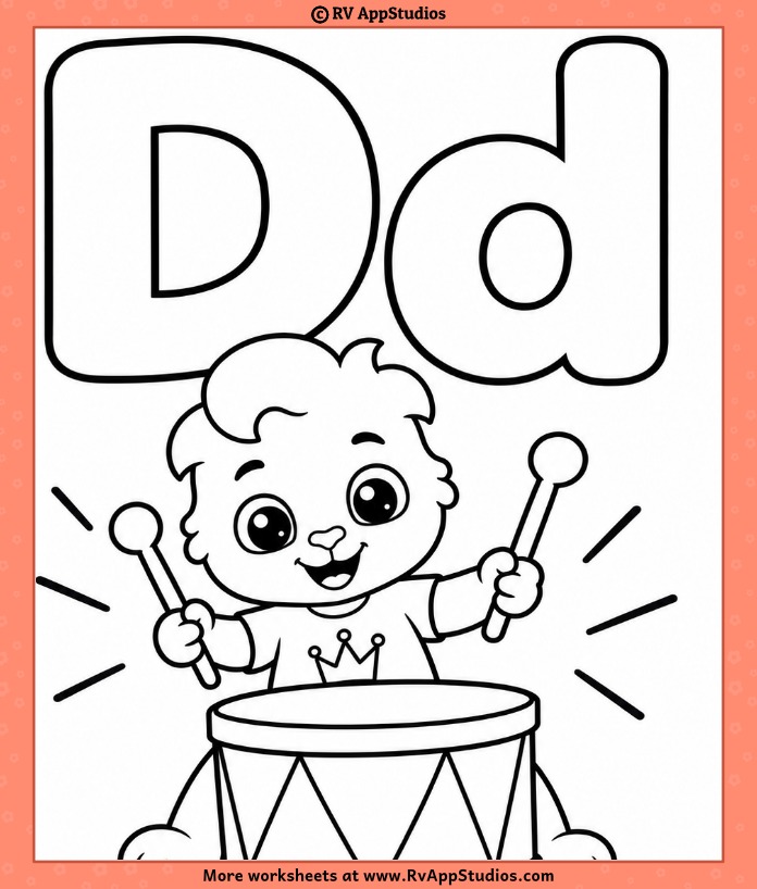 Alphabet Coloring Page featuring uppercase D, lowercase d, and Lucas playing a drum for kids to color and learn