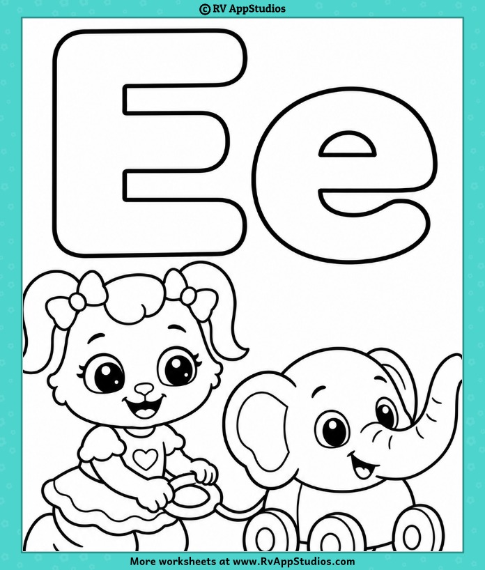Alphabet Coloring Page featuring uppercase E, lowercase e, and Ruby riding an elephant toy for kids to color