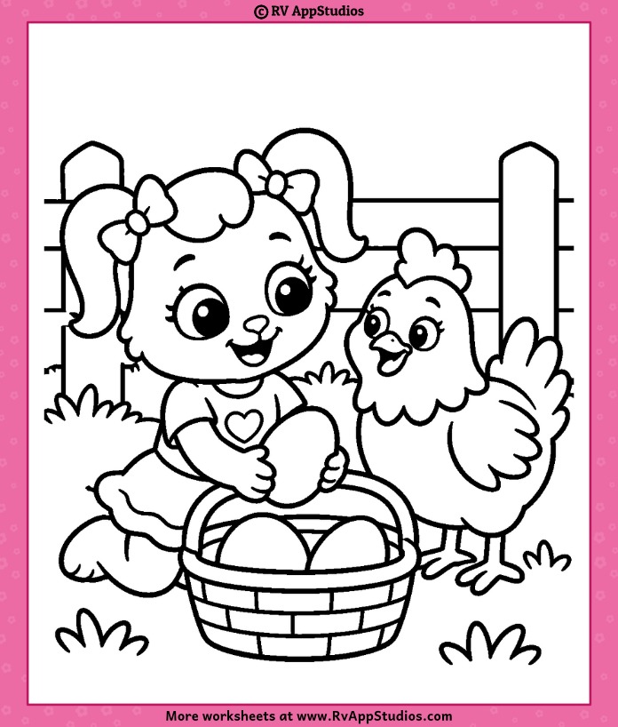 Ruby and Bows Coloring Page showing Ruby beside a basket of eggs with a chicken, wooden fence, and grass