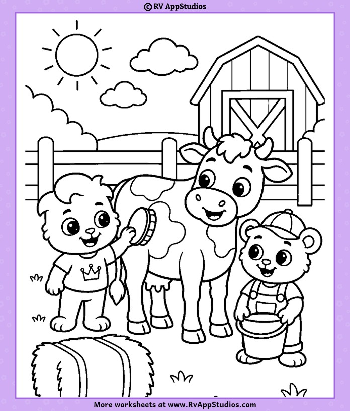 Smiling Cow Coloring Page with Lucas and Brody standing beside the cow in a cheerful farm setting