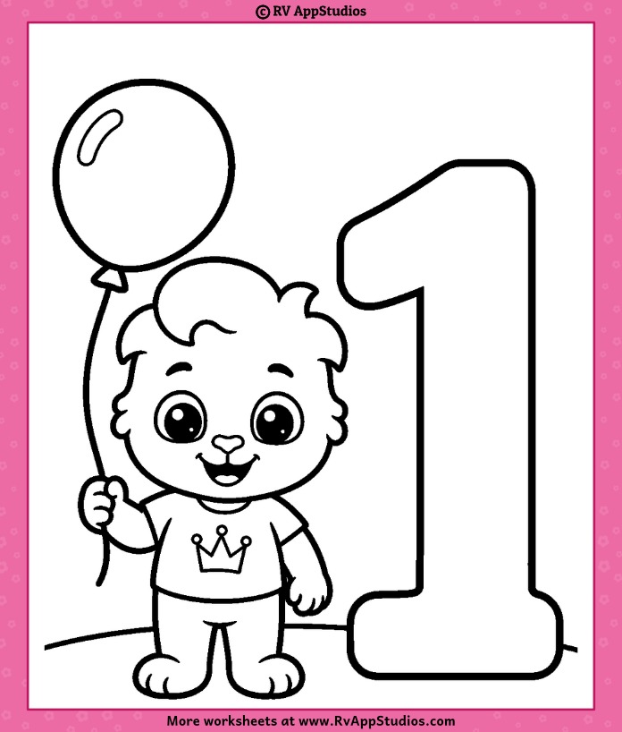 Number 1 Coloring Page showing Lucas holding a balloon beside a large outlined bubble-style number 1