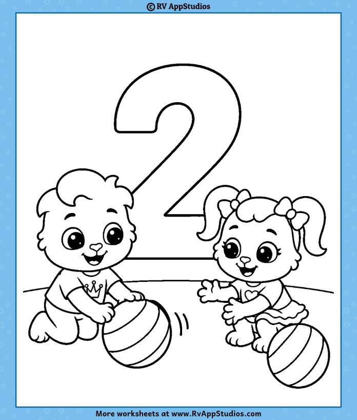 Number 2 coloring page with a bold bubble outline and two smiling kids playing with a ball beside an extra ball