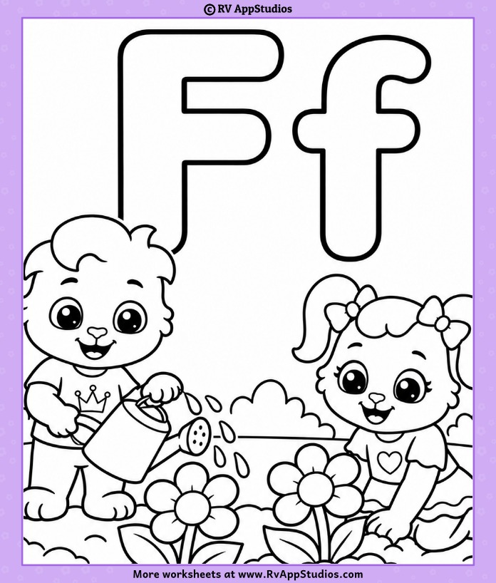 Letter F Coloring Page with uppercase F, lowercase f, two characters, flowers, leaves, and a watering can