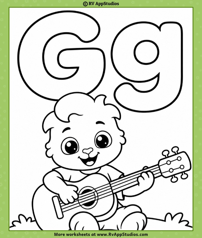 Letter G Coloring Page with uppercase G, lowercase g, a smiling bear playing guitar, and small patches of grass