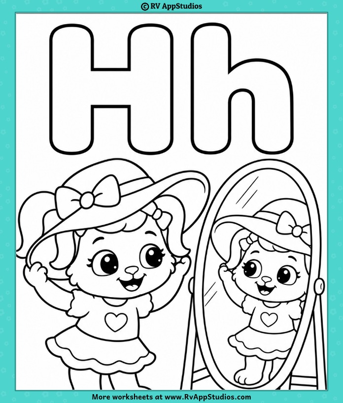Letter H Coloring Page with uppercase H, lowercase h, Ruby beside a mirror, and her reflection wearing a hat