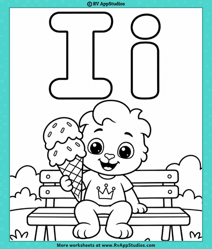 Letter I Coloring Page with uppercase I, lowercase i, a smiling character holding ice cream, and a park bench