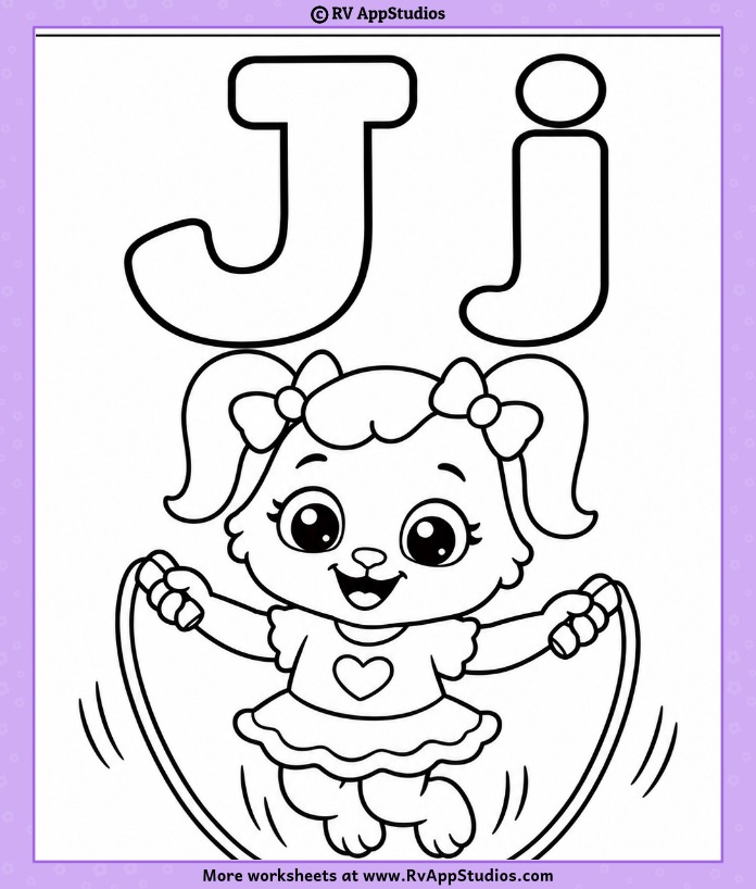 Letter J coloring page featuring large outlined uppercase J and lowercase j letters for alphabet learning.