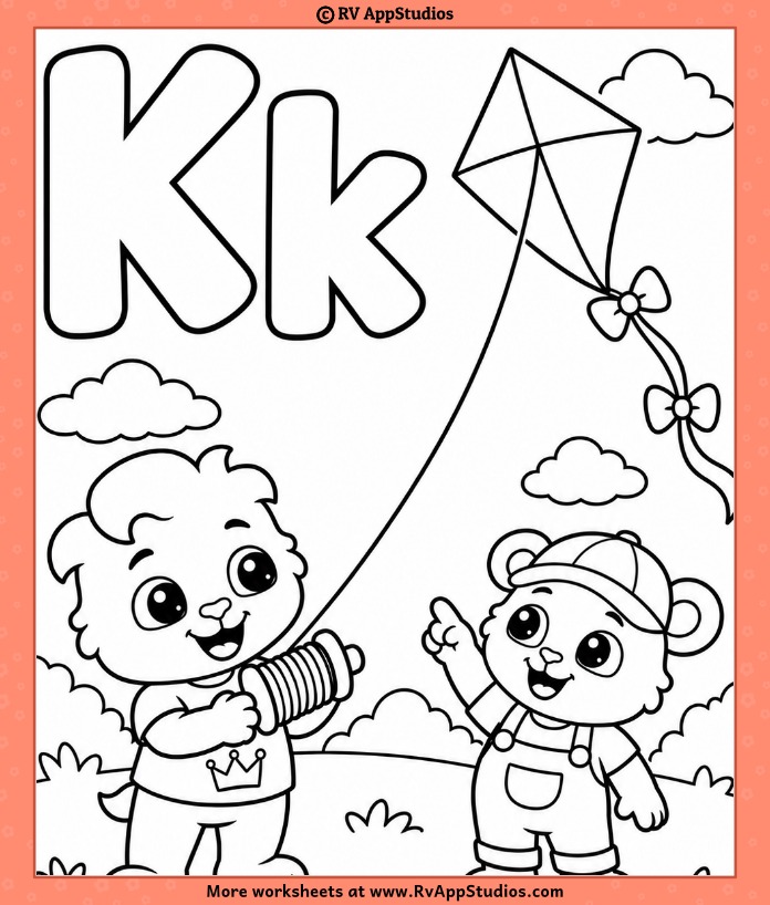 Letter K coloring page showing Lucas and Brody flying a diamond kite with bows, outlined K and k, clouds, and grass.