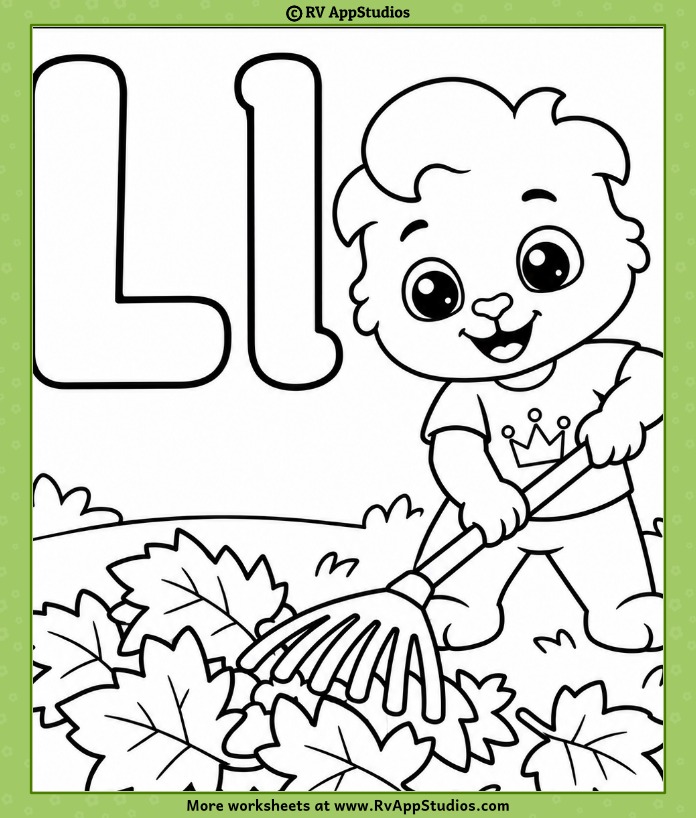 Letter L coloring page showing Lucas holding a garden rake beside outlined L and l letters, with autumn leaves