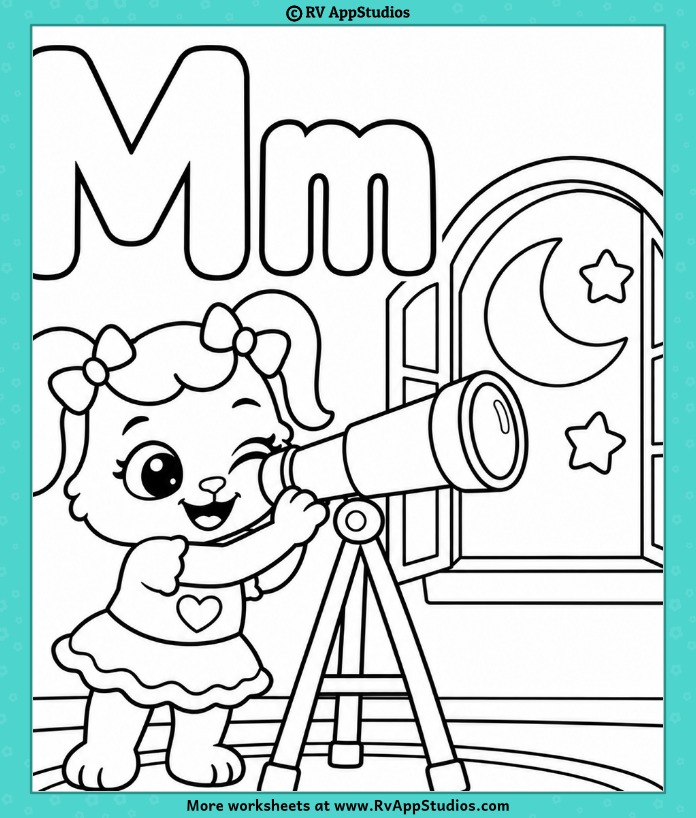 Letter M coloring page showing Ruby looking through a tripod telescope beside an arched window with a moon and stars.