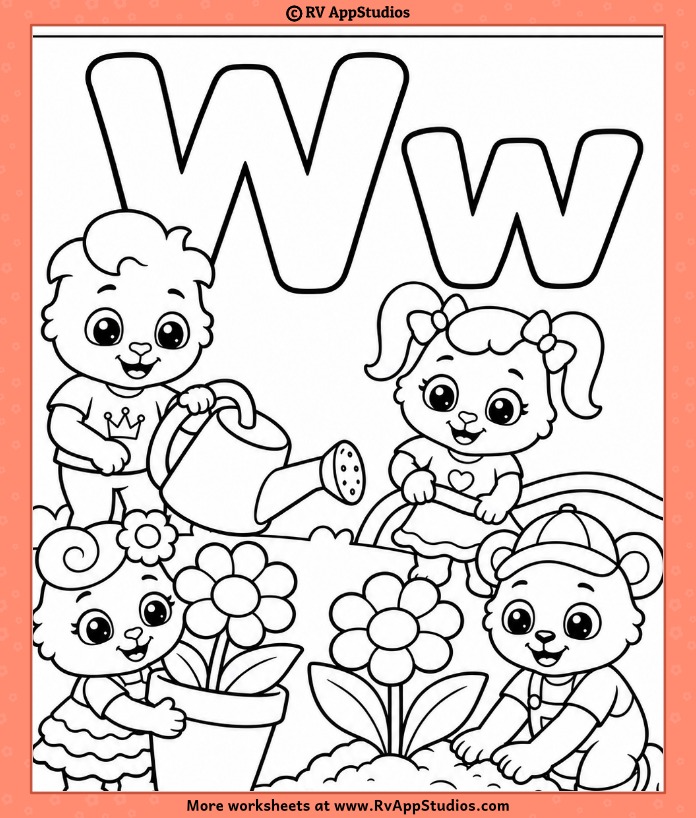 Letter W Coloring Page with Friends Watering Flowers
