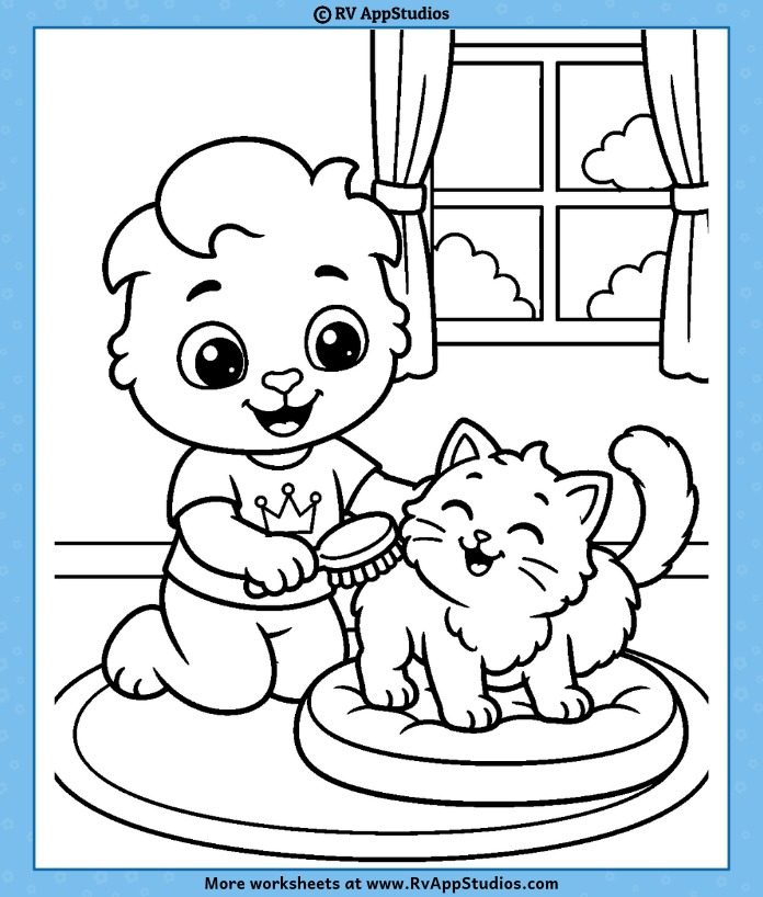 Lucas gently strokes a fluffy kitten sitting on a cushion beside a curtained window in this cat coloring page.