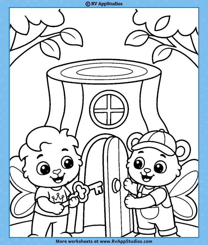 Lucas holds a star wand while Lucas and Brody wear fairy wings beside a tree-trunk house with a round window, wooden door