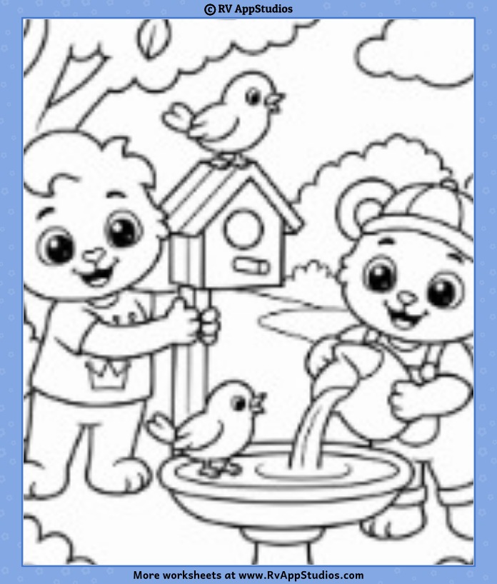 Lucas holding a birdhouse while Brody fills a birdbath with two birds in a peaceful garden coloring page.