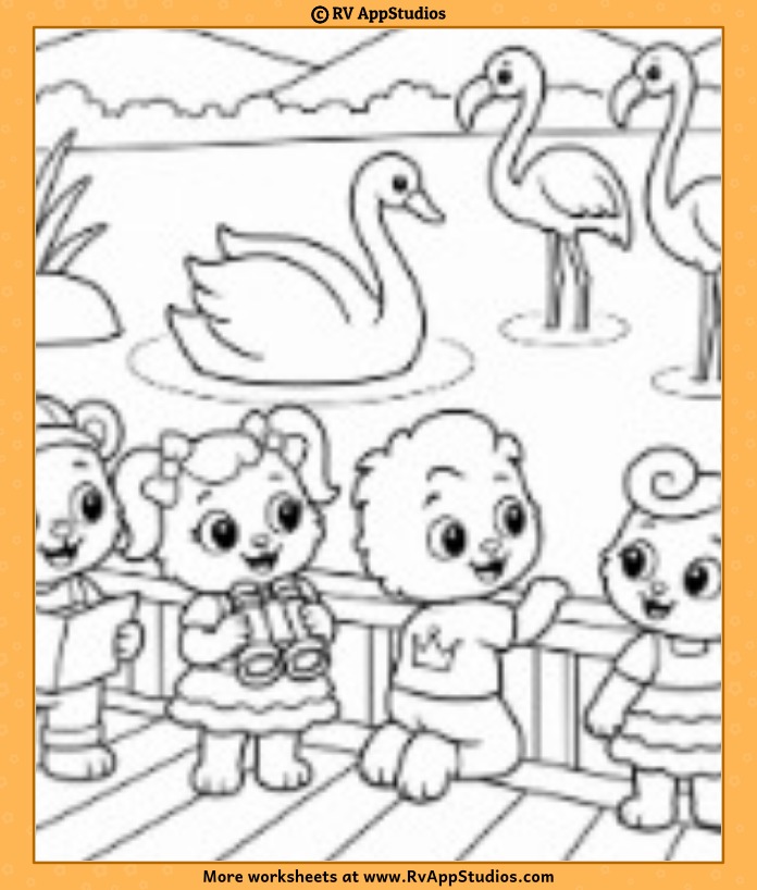 Lucas and Friends birdwatching coloring page with a swan, two flamingos, a wooden boardwalk, mountains, and a lake.