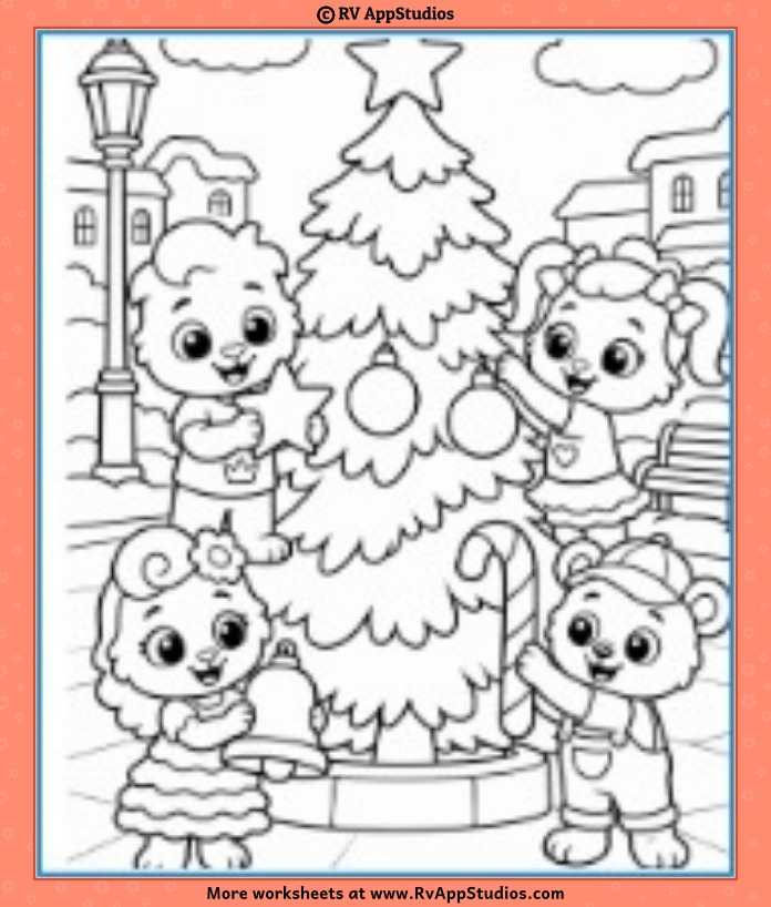Lucas and Friends Christmas tree coloring page with Ruby, Lili, and Brody decorating ornaments in a town square.