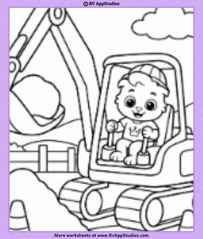 Lucas excavator coloring page showing Lucas smiling in the cabin, holding control levers beside a digging arm.