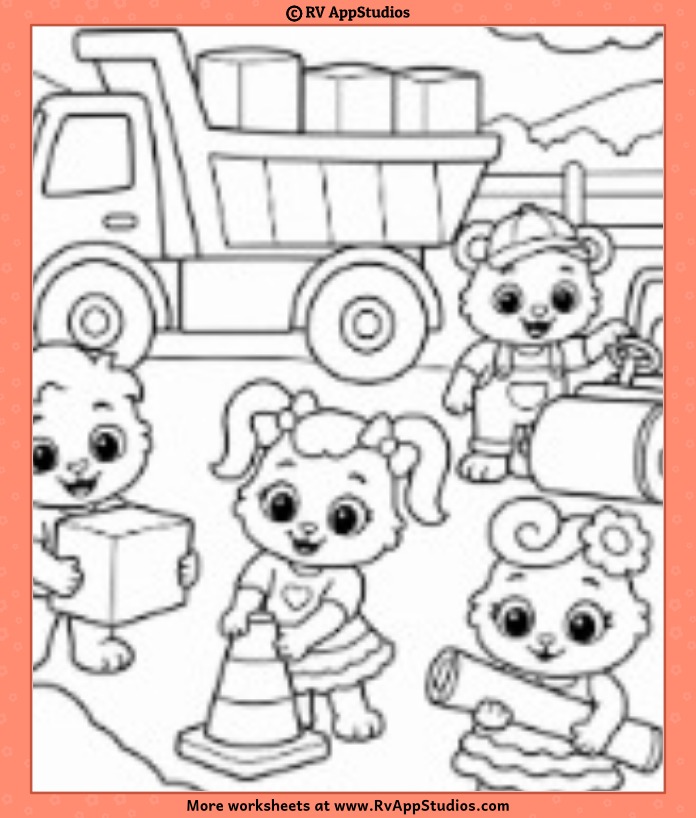 Lucas and Friends dump truck coloring page showing four friends, a dump truck, building block, tool, and traffic cone.