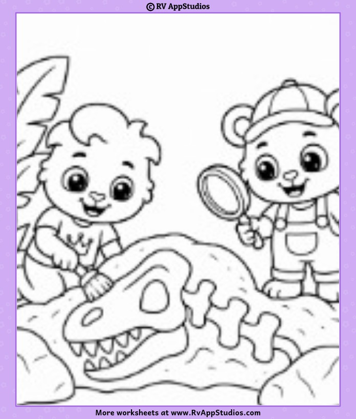 Lucas and Brody dinosaur fossil coloring page showing a skull, magnifying glass, rocks, and leafy plants.
