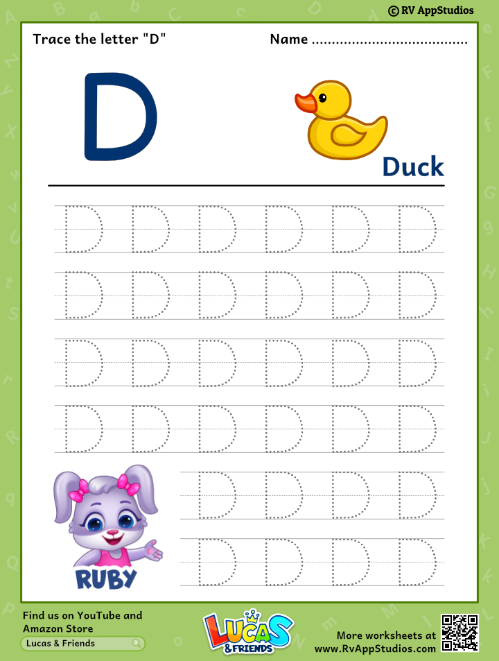 Free Printable Worksheet for Kids - Trace uppercase letter D