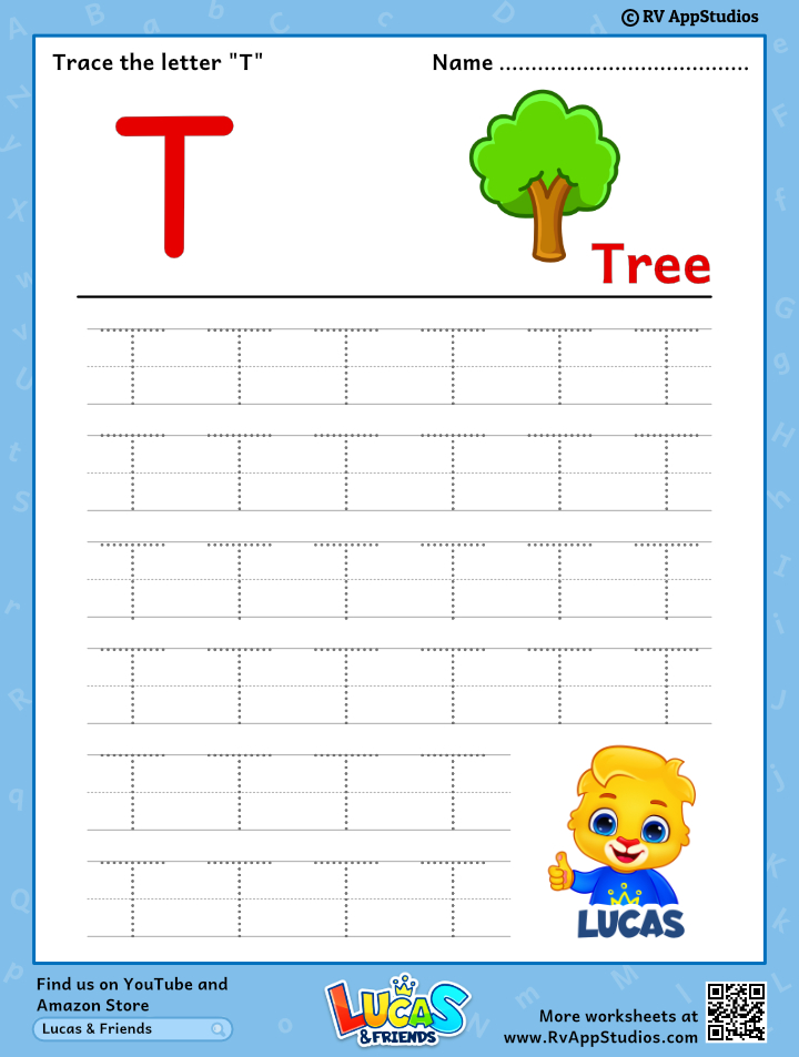 Free Printable Worksheet for Kids - Trace uppercase letter T