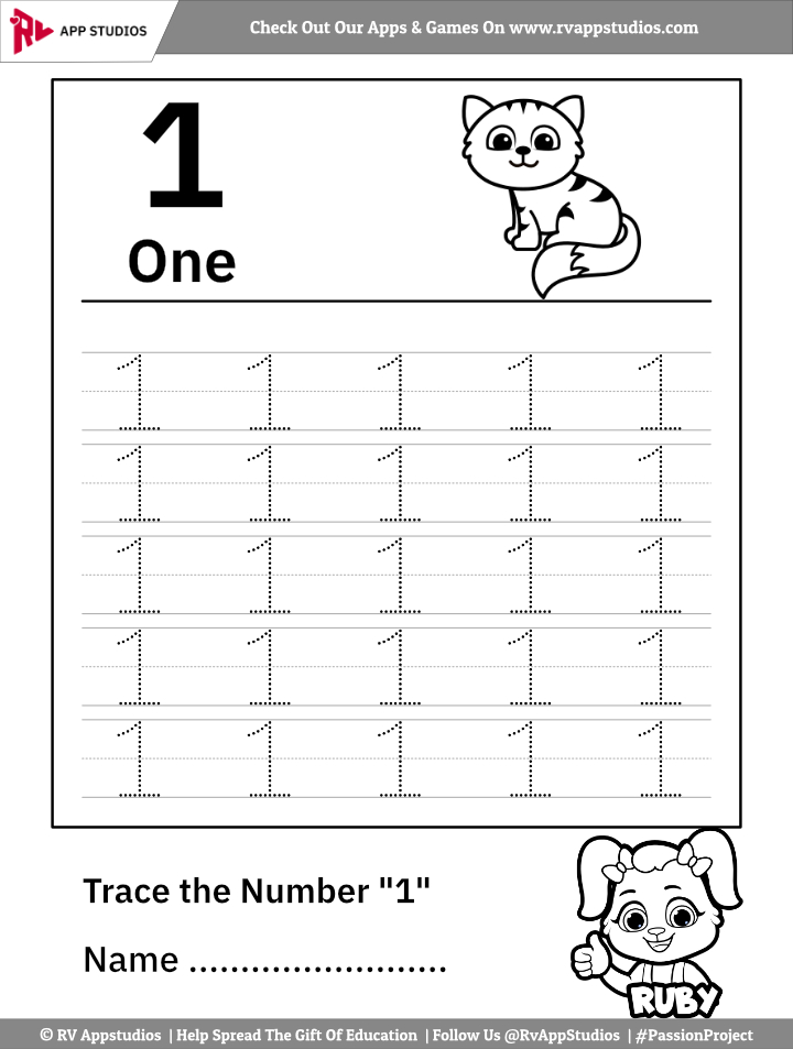 trace number 1 worksheet for free for kids