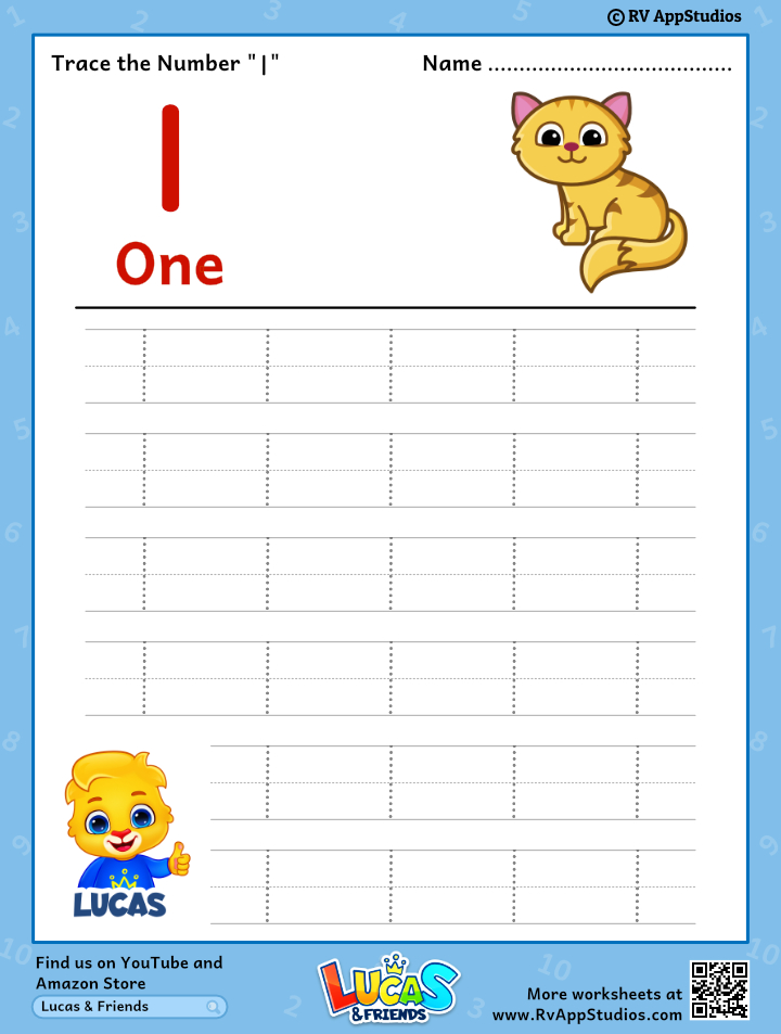 trace number 1 worksheet for free for kids