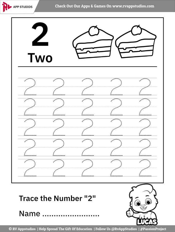 Trace Number '2' Worksheet for FREE for Kids