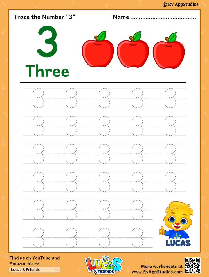 trace number 3 worksheet for free for kids