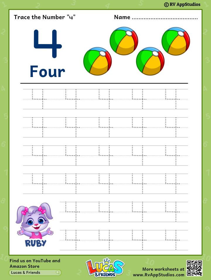 trace number 4 worksheet for free for kids