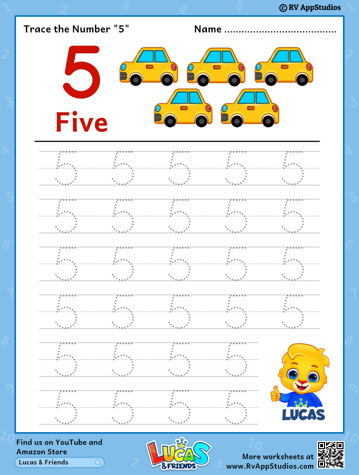 trace number 5 worksheet for free for kids