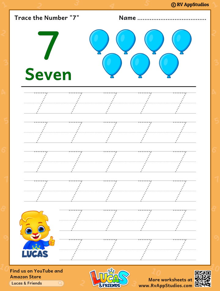 Trace Number '7' Worksheet for FREE for Kids