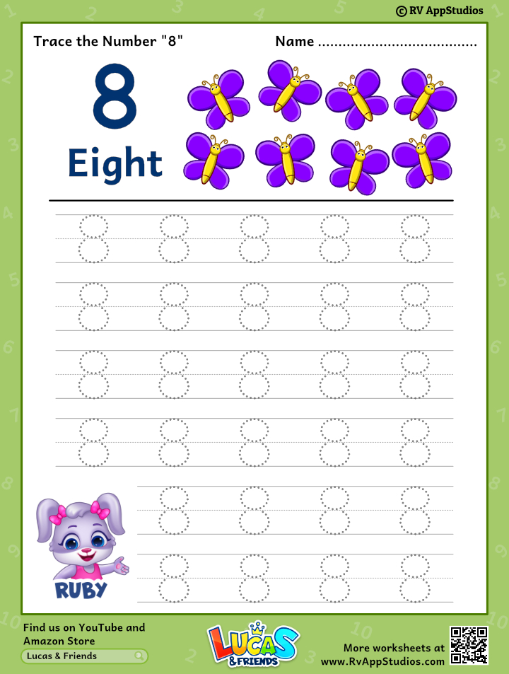 Trace Number '8' Worksheet for FREE for Kids